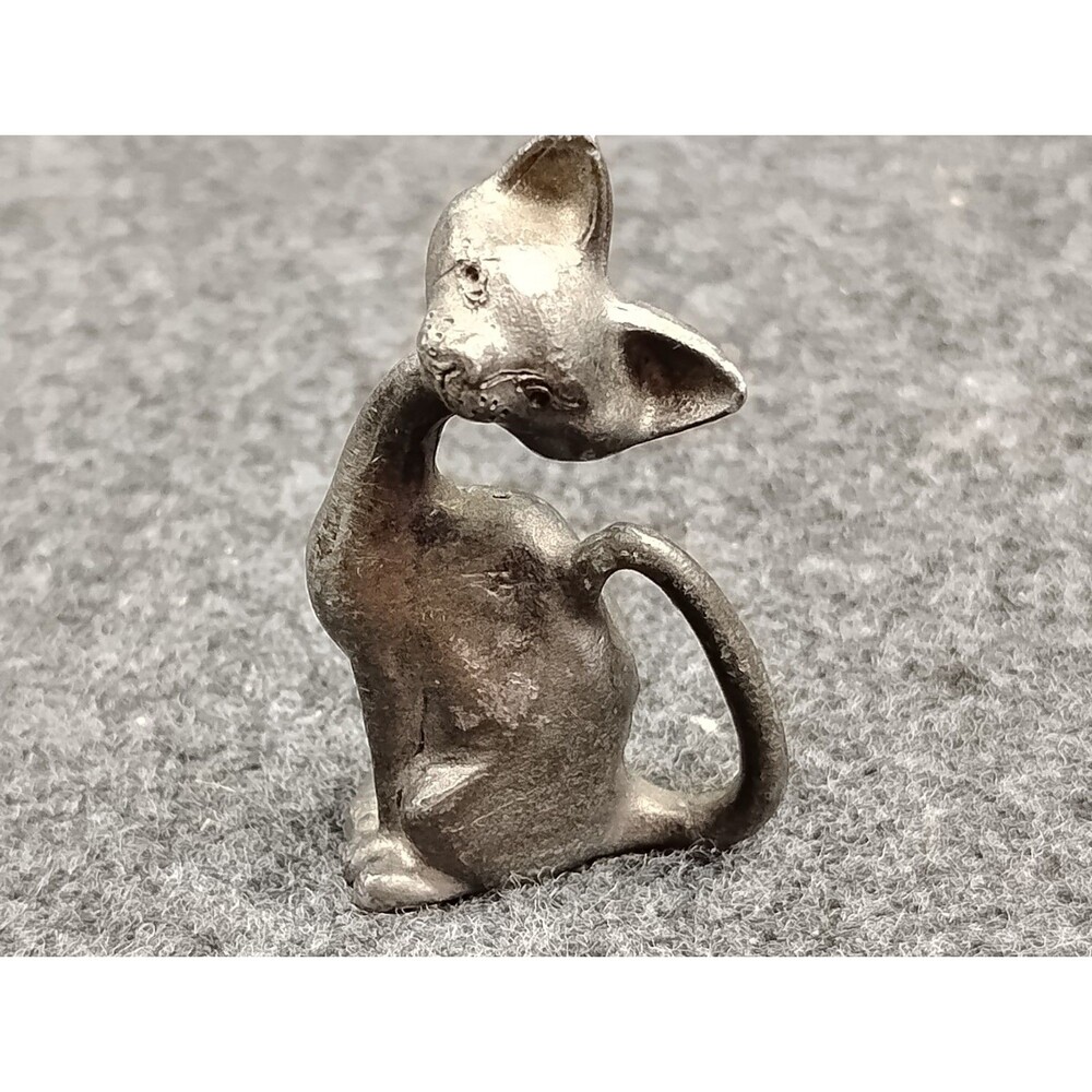 Pewter Siamese Long Neck Kitty Kitten Cat Sitting Miniature Figurine Vintage
